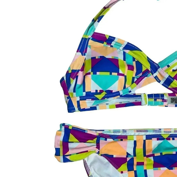 PINK Victorias Secret Halter Bikini Size Medium Geometric Padded Swim - Picture 5 of 8